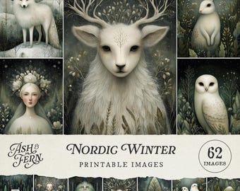 Nordic Winter Animals Prints: Scandinavian Folk Art Stag Wolf Deer Owl Snowy Forest Printable Wall Art, Junk Journal Christmas Crafts Images