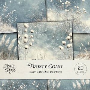 Op de afbeelding: Een collectie van 20 achtergrondpapieren getiteld Ash & Fern Frosty Coast. De papieren tonen diverse winterscènes in blauwe en grijze tinten met witte katoenachtige planten, hoog gras en vallende sneeuw, gepresenteerd in een collage.