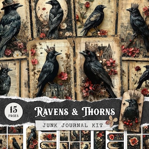 Kit de diário Raven & Rose Junk, páginas de itens efêmeros góticos, folha de colagem Crow, cartões de papel digital Dark Academia imprimíveis macabros vitorianos