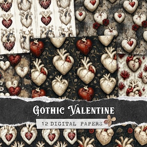Gothic Valentine Seamless Patterns, Dark Heart Digital Paper, Anatomical Heart Backgrounds, Vintage Love Digital Scrapbook, Grunge Printable