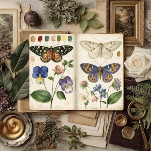 K&ouml;nnte beinhalten: Ein offenes Vintage-Buch zeigt detaillierte Illustrationen von Schmetterlingen und Blumen. Die Seiten sind von botanischen Elementen, einer gerahmten Landschaft und antiken Accessoires umgeben. Die Farbpalette umfasst Gr&uuml;n-, Blau- und Braunt&ouml;ne.