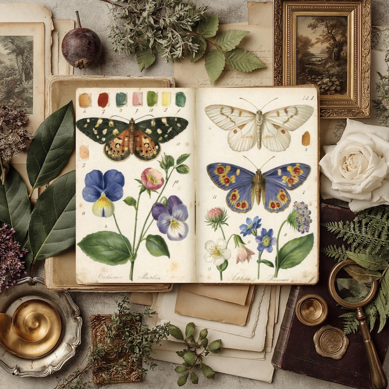 K&ouml;nnte beinhalten: Ein offenes Vintage-Buch zeigt detaillierte Illustrationen von Schmetterlingen und Blumen. Die Seiten sind von botanischen Elementen, einer gerahmten Landschaft und antiken Accessoires umgeben. Die Farbpalette umfasst Gr&uuml;n-, Blau- und Braunt&ouml;ne.