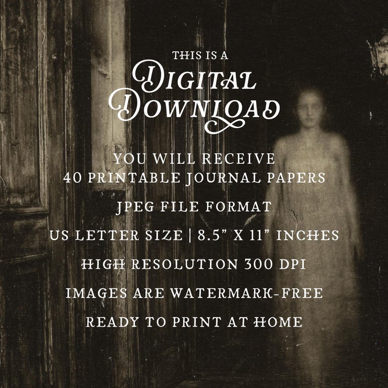May include: A digital download featuring 40 printable journal papers in JPEG format. The text reads: THIS IS A DIGITAL DOWNLOAD, YOU WILL RECEIVE 40 PRINTABLE JOURNAL PAPERS, JPEG FILE FORMAT, US LETTER SIZE 8.5 X 11 INCHES, HIGH RESOLUTION 300 DPI.