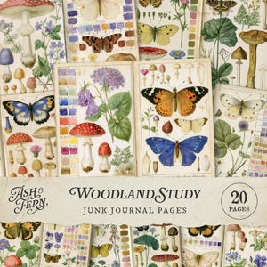 Può includere: Una collezione di 20 pagine di diario vintage con illustrazioni botaniche di farfalle, funghi e fiori. Le pagine hanno un'estetica acquerello con colori blu, rossi, gialli e verdi. Il testo "Woodland Study" è visibile.