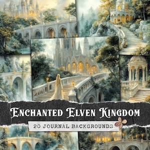 Pagine di diario di spazzatura del regno degli elfi, sfondo della città degli elfi eterei, kit di carta digitale fantasy incantata, album di ritagli digitali del castello mistico