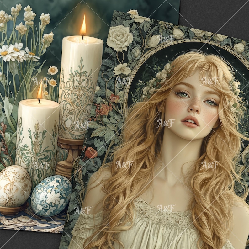 May include: A painting of a woman with long blonde hair, wearing a white dress with lace trim. She is surrounded by a floral design with candles and eggs.
