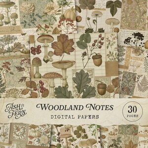 Rustic Woodland Digital Papers, Vintage Botanical Scrapbook Paper, Mushroom Junk Journal Kit, Autumn Forest Backgrounds, 30 US Letter pages