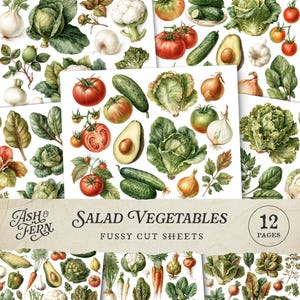 Salladsgrönsaker, noggranna klippblad, vintage botaniska grönsaker utskrivbara efemera, trädgårdsskräpjournal Clipart, digital nedladdning JPG