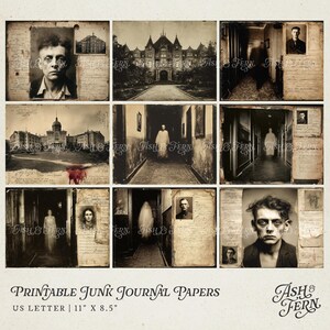 May include: A collection of printable junk journal papers featuring vintage-style sepia-toned imagery of gothic buildings, ghostly figures in hallways, and portraits of individuals, accompanied by handwritten documents, measuring 11 inches by 8.5 inches.