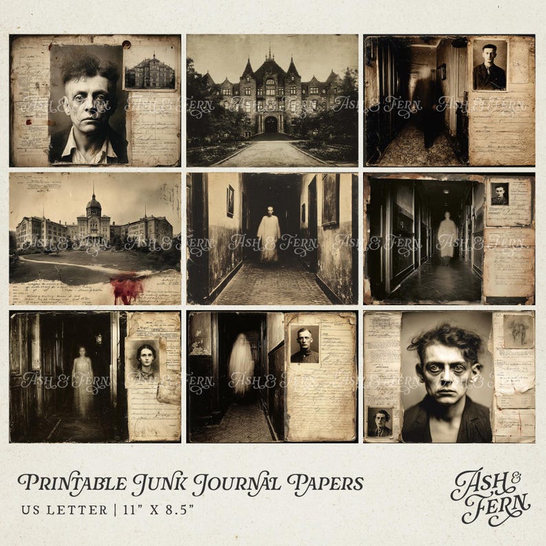 May include: A collection of printable junk journal papers featuring vintage-style sepia-toned imagery of gothic buildings, ghostly figures in hallways, and portraits of individuals, accompanied by handwritten documents, measuring 11 inches by 8.5 inches.
