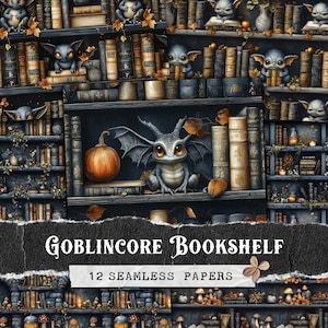 Goblincore Bookshelf Digital Papers, Kit diario spazzatura Gothic Gargoyle, Sfondi con motivo senza soluzione di continuità per biblioteche, Pacchetto di album di ritagli digitali Bookish