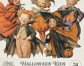 Könnte beinhalten: Eine Sammlung von fünf Illustrationen im Vintage-Stil, die Kinder in Halloween-Kostümen zeigen, darunter ein Teufel, ein Kürbis, ein Vampir, eine Hexe und eine elegante Figur. Der Text lautet Ash & Fern, Halloween Kids, Printable Paper Dolls, 34 Images.