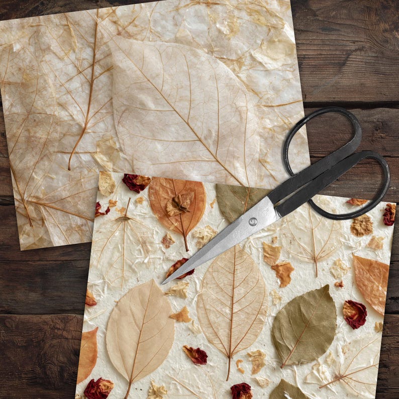 May include: A pair of black metal scissors resting on two sheets of handmade paper. The paper features a textured, off-white base embedded with various dried leaves in shades of tan, brown, and olive, along with small fragments of red flower petals.