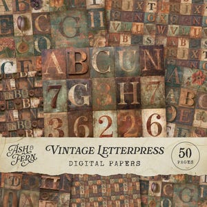 May include: A collage of vintage letterpress digital papers. The design features a mix of letters and numbers in a distressed, aged style. The color palette includes earthy tones of brown, green, and blue, with floral accents. The text "Vintage Letterpress" is visible.