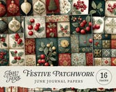 Vintage Christmas Patchwork Junk Journal Papers, Traditional White Red & Green Botanical Holiday Printable Digital Scrapbook Page Kit