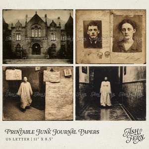 May include: A collection of four sepia-toned printable junk journal papers featuring vintage imagery of a stone building, portraits of two individuals, handwritten documents, and a figure in a hallway. The pages measure 11 inches by 8.5 inches.