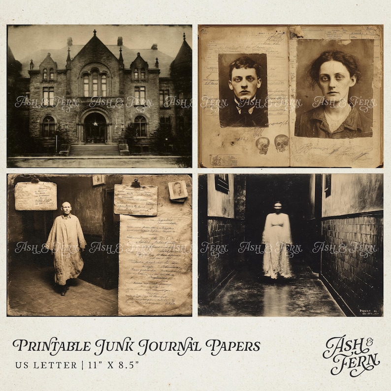 May include: A collection of four sepia-toned printable junk journal papers featuring vintage imagery of a stone building, portraits of two individuals, handwritten documents, and a figure in a hallway. The pages measure 11 inches by 8.5 inches.