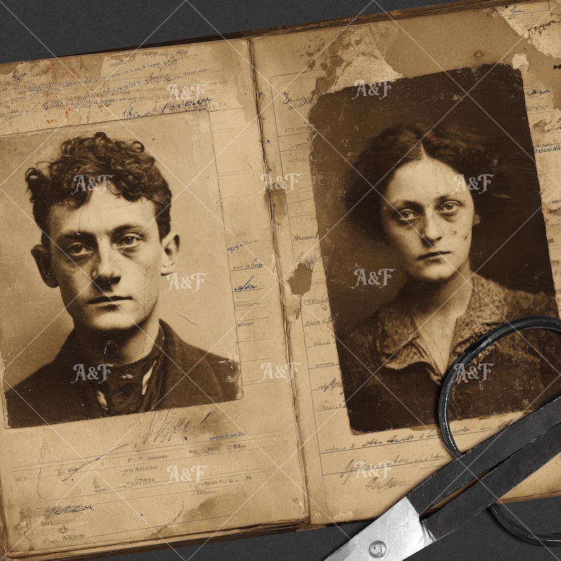 May include: An open vintage book featuring sepia-toned portrait photographs of a person with curly hair and a person with wavy hair on separate pages. The pages contain handwritten notes and printed lines. A pair of metal scissors rests on the corner.