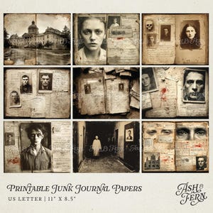 May include: A collection of printable junk journal papers featuring sepia-toned vintage imagery, including portraits, handwritten documents, medical records, and architectural scenes. The text reads Printable Junk Journal Papers US LETTER 11 X 8.5.