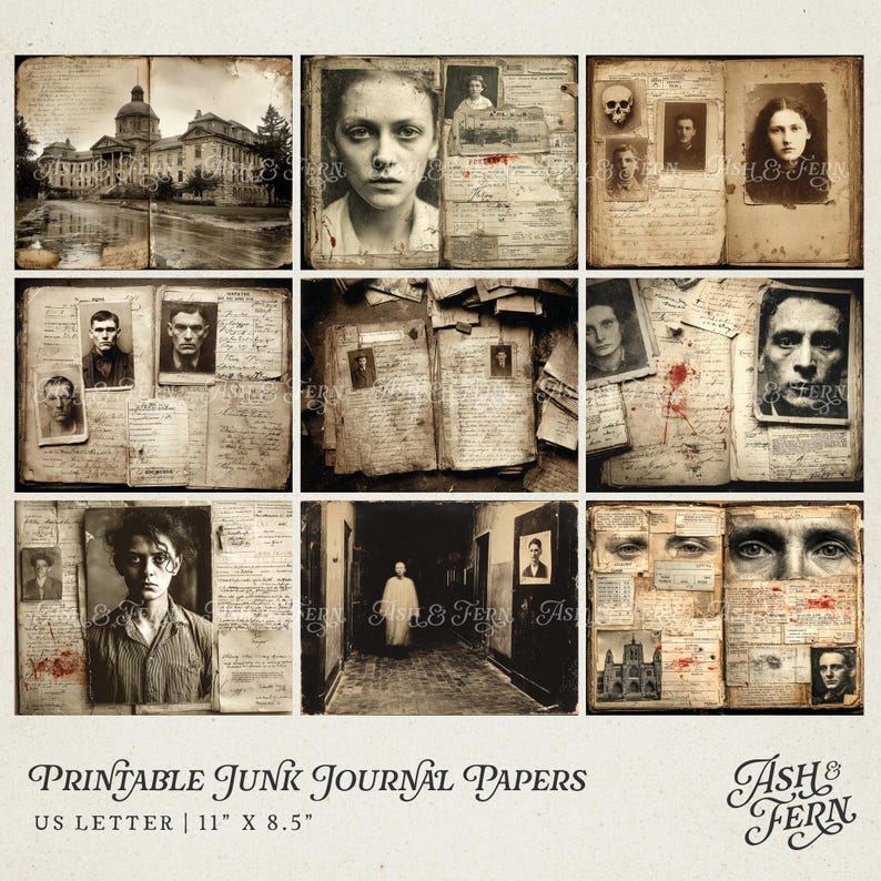 May include: A collection of printable junk journal papers featuring sepia-toned vintage imagery, including portraits, handwritten documents, medical records, and architectural scenes. The text reads Printable Junk Journal Papers US LETTER 11 X 8.5.