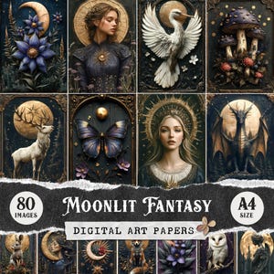 Maanverlicht fantasiebos digitale kunstpapier, mystieke ongewenste dagboekpagina's, afdrukbare collagekit Dark Celestial Gothic, maanmagie-afbeeldingsbundel