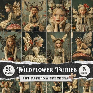 Papeles digitales y efímeros de hadas de flores silvestres, ilustraciones vintage de hadas de mariposas, tarjetas ATC de diario basura caprichosas, hojas de collage de fantasía