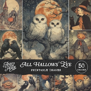 May include: A collection of 50 printable images titled All Hallows' Eve featuring vintage-style illustrations of skeletons, owls, witches, black cats, pumpkins, crows, and ghosts set against orange moons and dark, starry night skies.