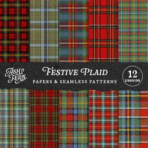 May include: Twelve different festive plaid designs in a variety of colours, including red, green, blue, and yellow. The image shows a variety of tartan patterns, with the text "Festive Plaid" and "Papers & Seamless Patterns" displayed.