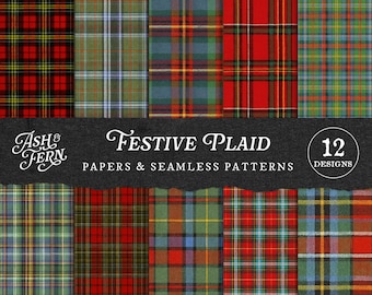 Christmas Plaid Digital Papers & Seamless Patterns: Red Blue Green Tartan Printable Backgrounds for Scrapbook, Junk Journal Supplies Kit