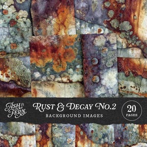 May include: A digital background image featuring a collage of weathered textures. The image showcases a variety of colors, including rust, brown, green, and purple, with visible signs of decay. The text "Rust & Decay No.2" and "Background Images" is displayed.