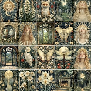 May include: A collage of 16 images featuring a whimsical and magical forest theme. The images include a fox, butterflies, dragonflies, birds, flowers, and a moon. The images are arranged in a grid pattern and are surrounded by a dark green border.