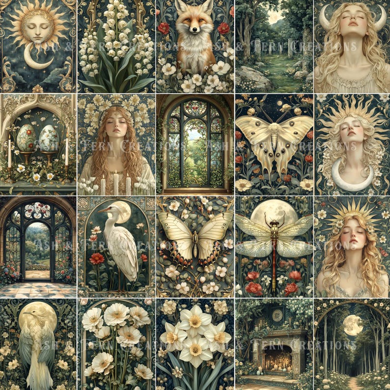 May include: A collage of 16 images featuring a whimsical and magical forest theme. The images include a fox, butterflies, dragonflies, birds, flowers, and a moon. The images are arranged in a grid pattern and are surrounded by a dark green border.