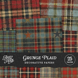 Puede incluir: Una colección de papeles decorativos grunge a cuadros. Los papeles presentan un diseño de patchwork con varios patrones de cuadros en tonos de rojo, azul, verde y marrón. Algunos cuadrados tienen acentos de estrella. Se muestra el texto "Grunge Plaid Decorative Papers".