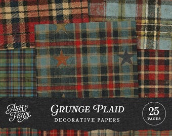 Grunge Plaid Junk Journal Kit, Rustic Christmas Tartan Printable Backgrounds, Vintage Distressed Masculine Flannel Textures, Scrapbook Paper