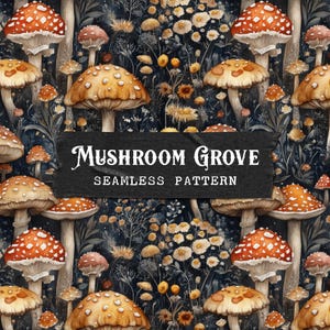 Skurril Pilz und Blumenwald Cottagecore Druckbare Nahtlose Muster | Digitalen Papier Hintergrund Clipart Stoff Design-Wiederholungsdatei JPG