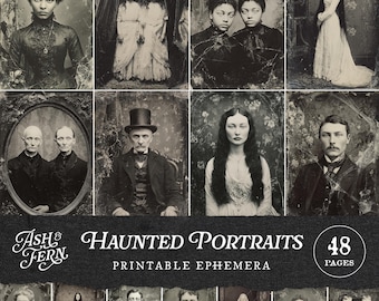 Retratos embrujados para imprimir, arte de Halloween, kit de diario gótico, fotos antiguas de personas con telarañas espeluznantes, fotografía vintage tenebrosa