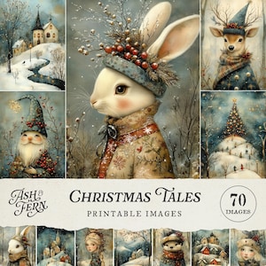 May include: A digital collection titled Christmas Tales featuring 70 printable images of winter scenes, including a rabbit in a festive hat, a deer in a scarf, a gnome, and a decorated Christmas tree, all rendered in a soft, painterly style.