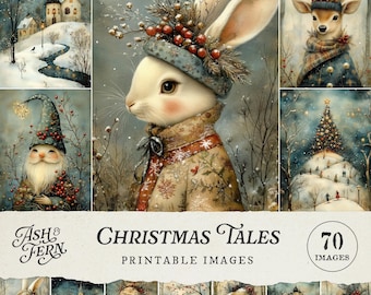 May include: A digital collection titled Christmas Tales featuring 70 printable images of winter scenes, including a rabbit in a festive hat, a deer in a scarf, a gnome, and a decorated Christmas tree, all rendered in a soft, painterly style.