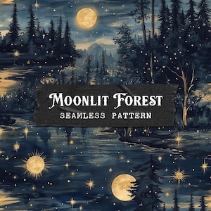 Himmlische Sternennacht Mondscheinwald nahtlose Muster zum Drucken | Wald See Digital Papier Stoff-Design-Wiederholungsdatei JPG