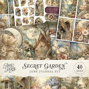Secret Garden Junk Journal Kit, druckbare Blumen Ephemera Pack, mystische Fantasy Journal Seiten, dekorative digitale Papiere mit himmlischen Thema