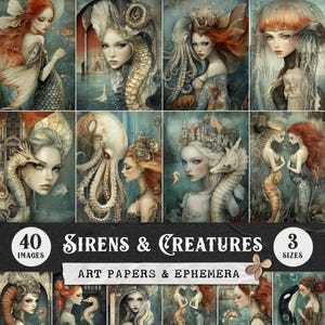 Sirenen & Meereskreaturen Digitale Papiere, Mystische Meerjungfrau Ephemera, Fantasy Junk Journal Seiten, Tiefsee Scrapbook Collage, ATC Kartenherstellung