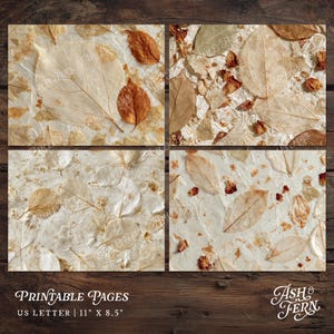 May include: Four rectangular sheets of handmade paper featuring embedded dried leaves and flower petals in shades of cream, beige, and brown. The paper has a textured, fibrous appearance with visible plant veins and organic debris throughout.