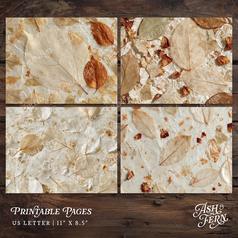 May include: Four rectangular sheets of handmade paper featuring embedded dried leaves and flower petals in shades of cream, beige, and brown. The paper has a textured, fibrous appearance with visible plant veins and organic debris throughout.