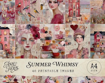 Summer Whimsy Printable Art Images, Mixed Media Collage Portraits, Flowers Butterflies Houses Teacups for Junk Journal, Crafts, Clipart JPG