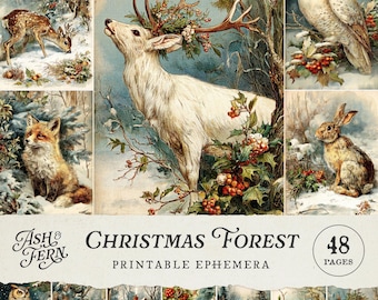 May include: A collection of printable ephemera titled Christmas Forest featuring 48 pages of vintage-style illustrations including a white deer with antlers, a fox, an owl, a rabbit, a squirrel, a hedgehog, and a snowy woodland landscape.