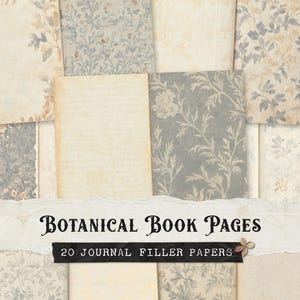 Dubbele pagina's Botanical Junk Journal, verontrust neutraal digitaal papier, vervaagd bloemenpapier, lege pagina's oude boeken, grungy achtergronden