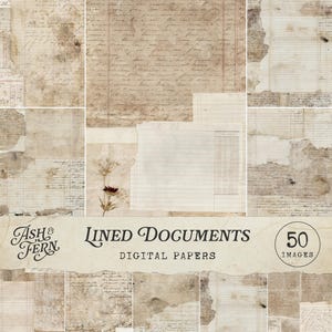 Könnte beinhalten: Eine Sammlung digitaler Papiere im Vintage-Stil mit gealterten, fleckigen Pergamenttexturen, handschriftlicher Kursivschrift und linierten Formularbögen. Das Set enthält 50 Bilder mit der Aufschrift Ash & Fern Lined Documents Digital Papers.