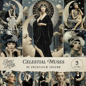 May include: A collage of vintage-style art prints featuring women in celestial themes. The images showcase women in elegant attire, posed with moons and stars. The text "Celestial Muses" and "32 Printable Images" is visible.