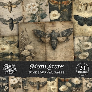 Puede incluir: Un collage de páginas de diario vintage con ilustraciones de polillas y detalles florales. Las páginas tienen un aspecto envejecido y desgastado con escritura manuscrita y dibujos botánicos. El título "Moth Study" se muestra de forma destacada.