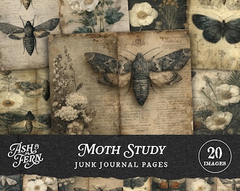 May include: A collage of vintage-style junk journal pages featuring moth illustrations and floral accents. The pages have a distressed, aged appearance with handwritten script and botanical drawings. The title "Moth Study" is displayed prominently.